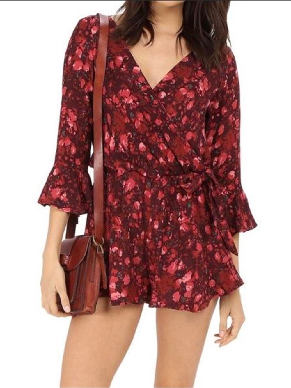 Free People Burgundy Floral Wrap Romper with Tie